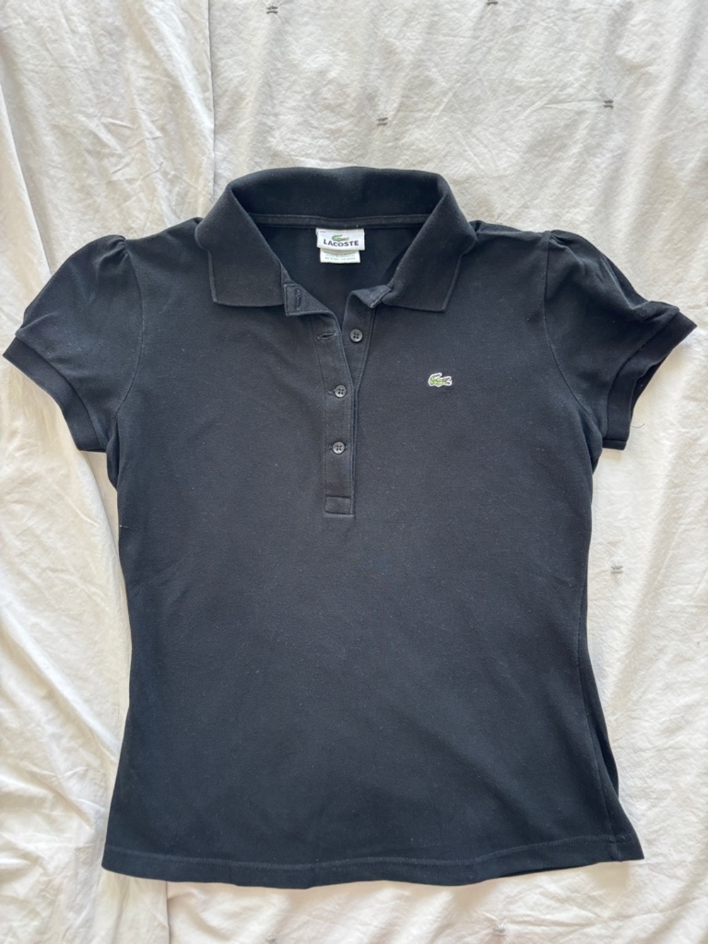 Lacoste Black Women's Short-Sleeve Polo with Green Crocodile Logo Puff Sleeve